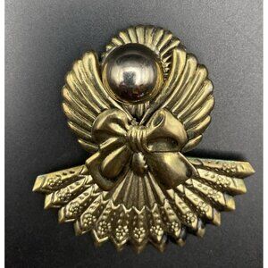 Vtg Brass Angel Brooch Halo Fan Bow Textured Wings 2.5" Patina Christmas Pin